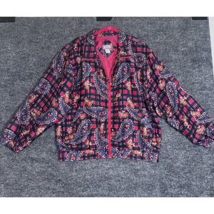 Vintage style 100% silk Paisley Plaid Floral Bomber Jacket Full Zip Red L